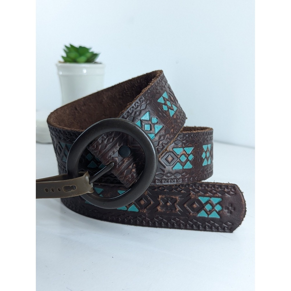 Roper Embossed Leather Belt Size Small Aztec Geometric Turquoise Design